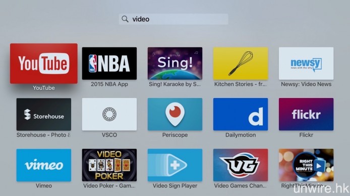 ▲在Apple TV 的App Store 进行搜寻时，输入中文而找到Apps 下载机会甚低，建议若想搜寻Apps，暂时还是输入英文关键字吧。