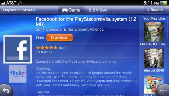 Facebook App登陸PS Vita