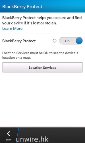最後一項功能值得一提的，就是 Z10 也有內建 BlackBerry Protect 功能，它與 Apple 的 FindmyiPhone 功能是一樣的，只要開啟了它，萬一遺失了電話，就可以透過 GPS 找到失機所在位置。