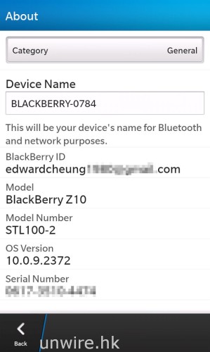 從裝置資訊可以看到 BlackBerry Z10 採用了 BlackBerry 10 OS 作業系統，型號為 STL100-2。