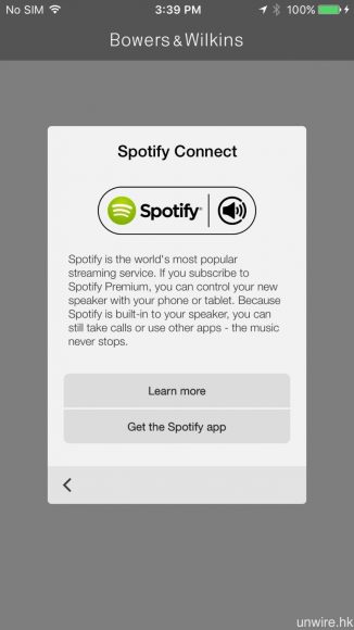 除 AirPlay、藍牙之外，Zeppelin Wireless 亦支援 Spotify Connect，只要是 Spotify Premium 的訂戶，就可在這款喇叭中串流播放 Spotify 的歌曲或播放清單。