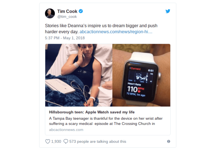 Tim Cook 分享 Apple Watch 救人一命事蹟
