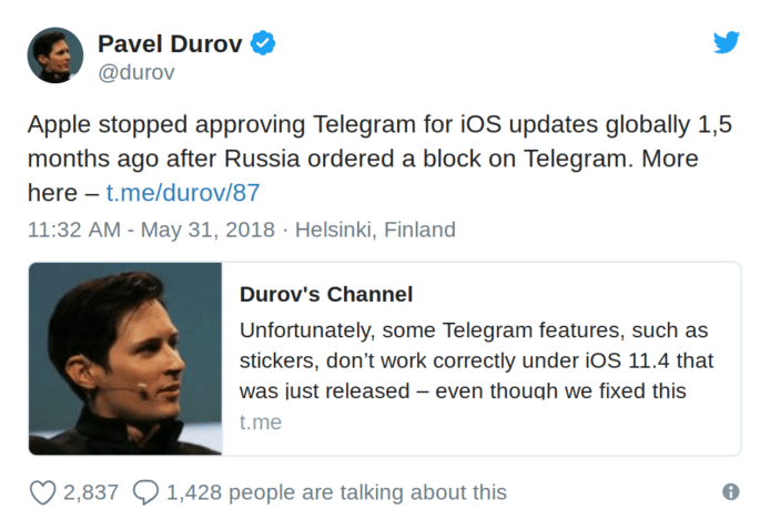 疑 Apple 出手阻撓  Telegram 無法推出更新