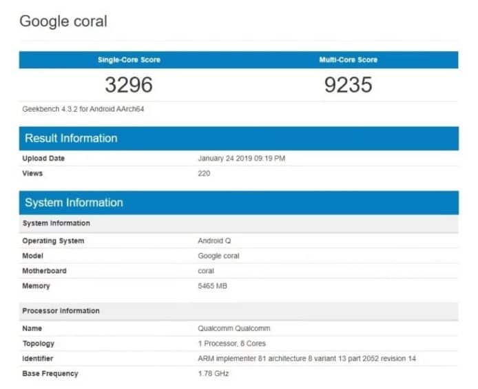 Google Coral 現身跑分網站   或屬於開發中 Pixel 4 手機