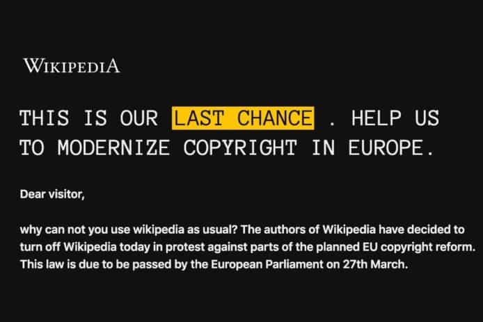 Wikipedia 等多個網站歐洲關機  抗議新版權法損害言論自由