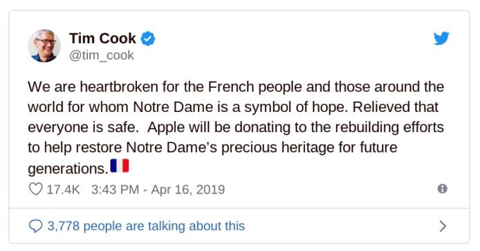 Apple 宣佈將捐款協助巴黎聖母院復修