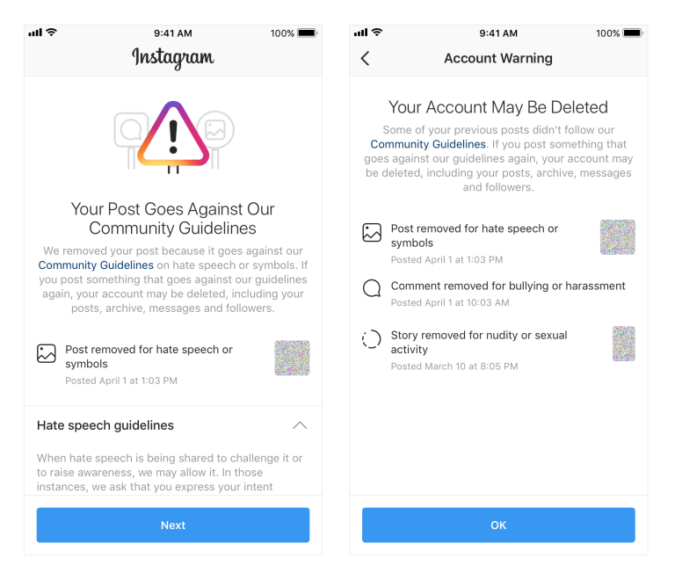 Instagram 新規則將在封鎖帳號前發出警告