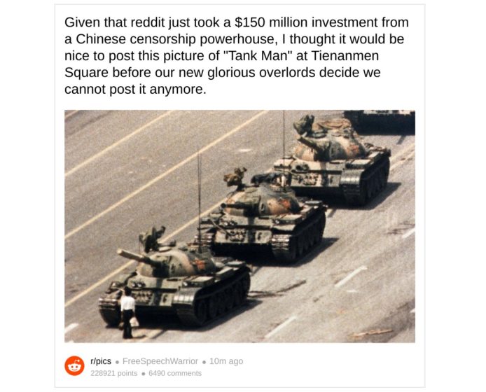 Reddit 用戶中方資金挑戰   六四「坦克人」成 2019 最多 Upvote 照片