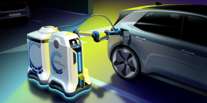 VW 公佈流動充電機械人概念設計　解決停車場充電位不足問題