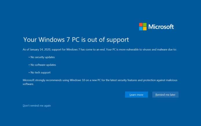 Microsoft 正式終止對 Windows 7 支援　 畫面提示用戶升級