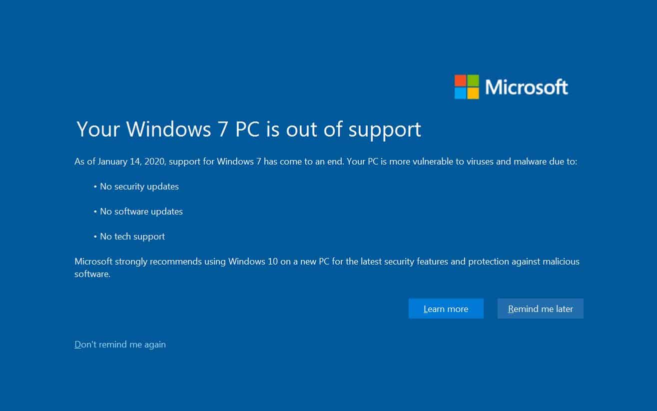Microsoft 正式終止對 Windows 7 支援 畫面提示用戶升級