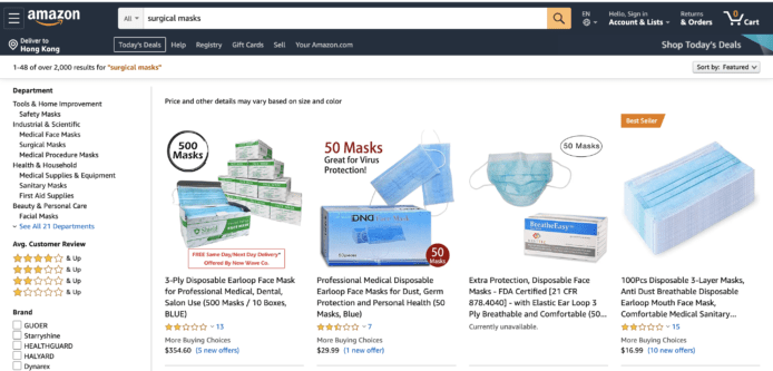 Amazon 警告賣家勿過份提高價格　口罩價格炒高 5 倍