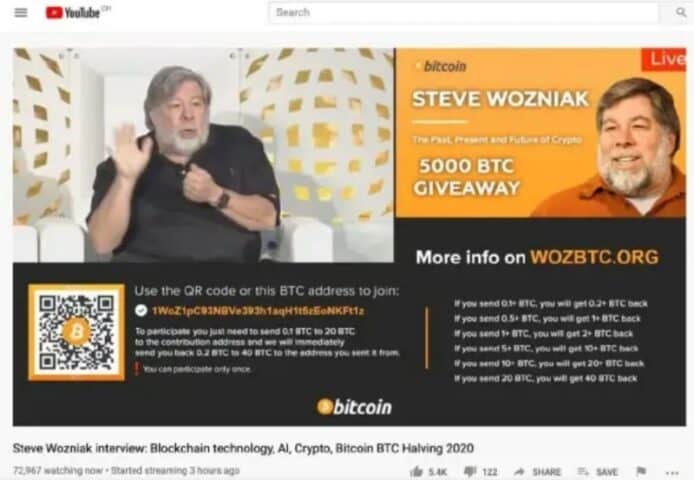 Apple 創辦人 Steve Wozniak 控告 YouTube    繼續放置冒充詐騙 Bitcoin 影片