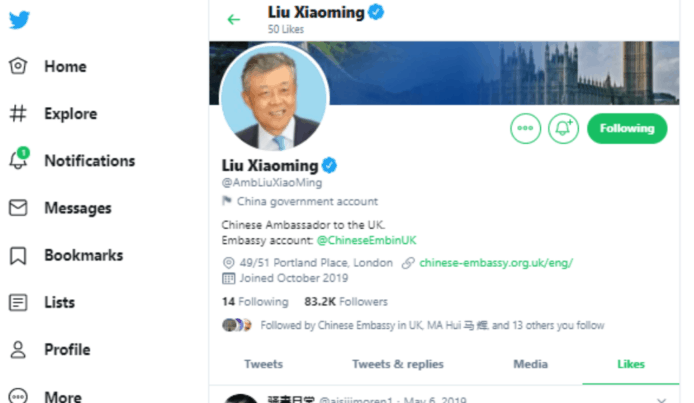 劉曉明 Twitter 聲稱被入侵like成人片　中國大使館譴責惡意攻擊