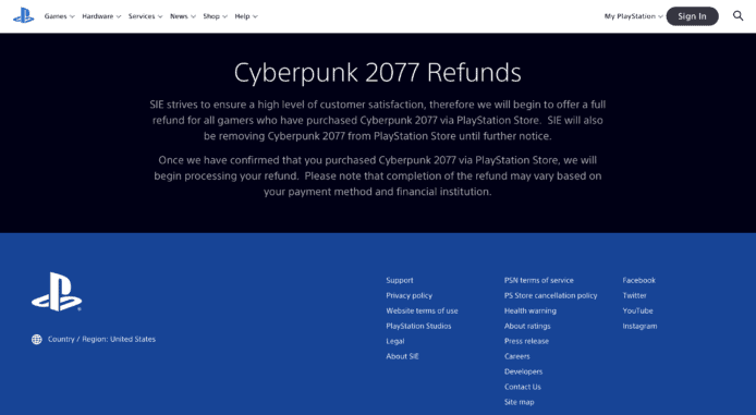 《Cyberpunk 2077》PS Store下架   Sony宣布PS4版全數退款