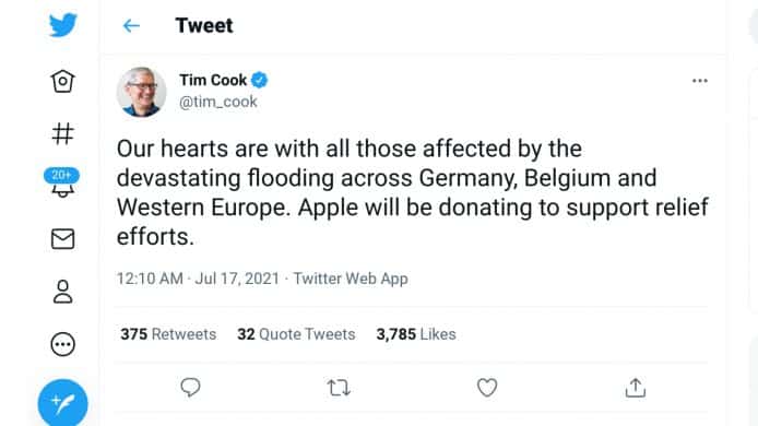西歐多處嚴重水災   Tim Cook 宣佈 Apple 將會捐款賑災