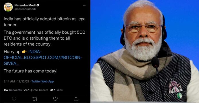 印度總理 Twitter 帳號   被短暫入侵用作加密貨幣詐騙