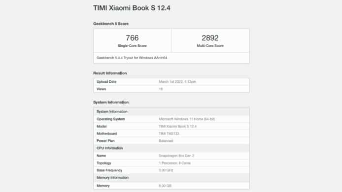 小米 Book S 筆電跑分曝光   揭使用 Snapdragon 8cx Gen2 處理器