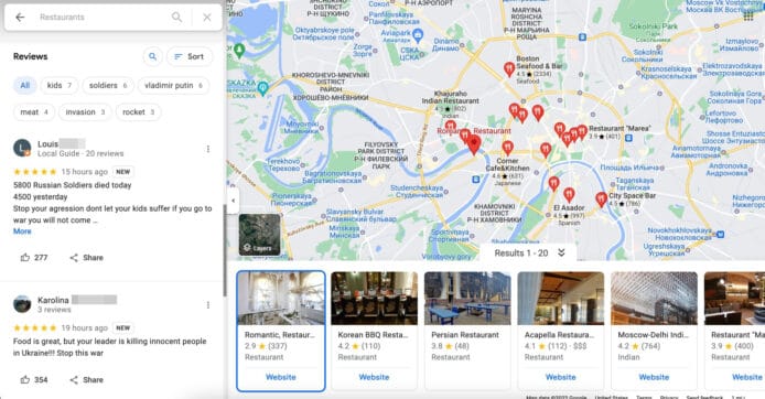 用 Google Maps 破解俄羅斯消息封鎖     網民利用評論功能分享烏克蘭實況