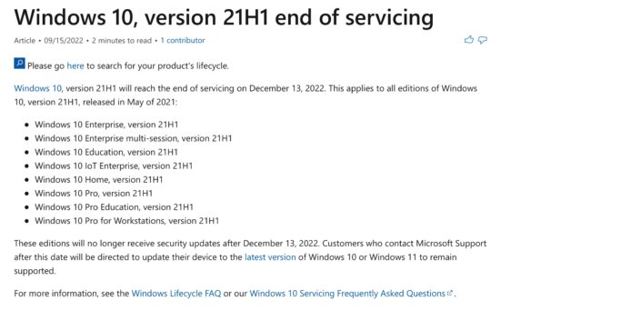 Windows 10 21H1 支援即將結束　Microsoft 提醒用家儘快升級