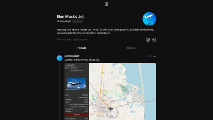 追蹤 Elon Musk 私人飛機   被 Twitter 封殺 ElonJet 在 Threads 重新出發