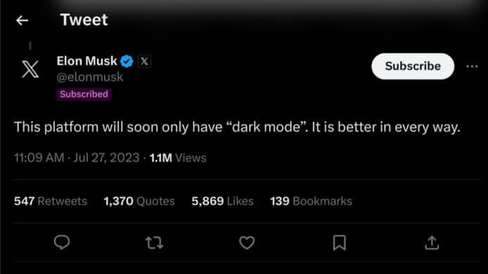 Elon Musk 公佈 Twitter 新安排   停止提供 Light 模式將預設為黑色背景