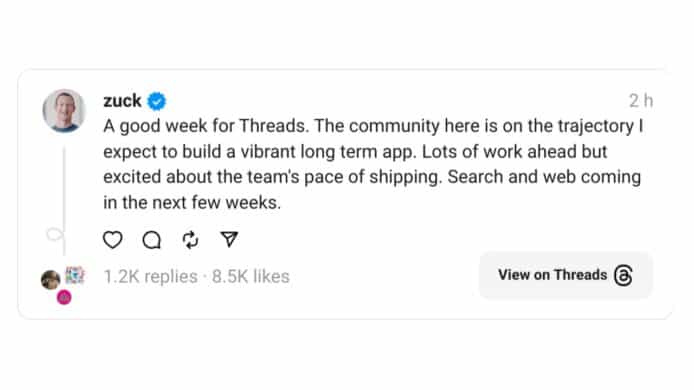 朱克伯格作 Threads 預告   未來數週將加入網站版與搜尋功能