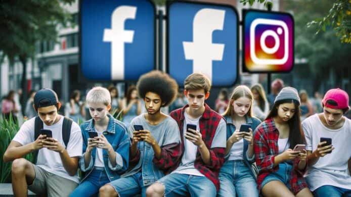Teenagers using smartphones with facebook and instagram logos