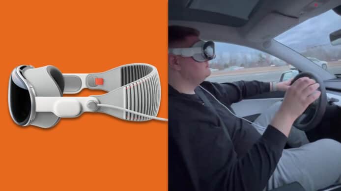 A man driving Tesla while wearing Apple Vision Pro