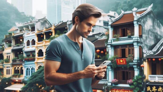 An European man using iPhone in an Asian city