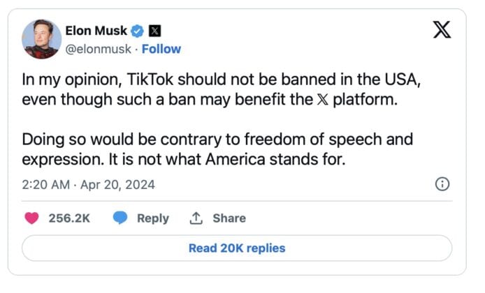 Elon Musk：封 TikTok 違反言論自由   美國 TikTok 脫離法案料通過