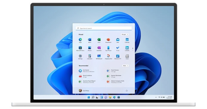 Windows 11 桌面界面 Windows 11 桌面界面,展示開始菜單和應用程式圖標.
