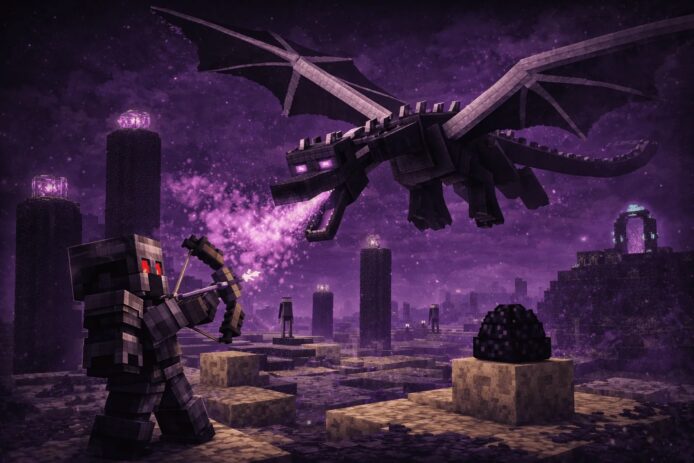 Minecraft 角色與巨型龍在夜空中對戰.