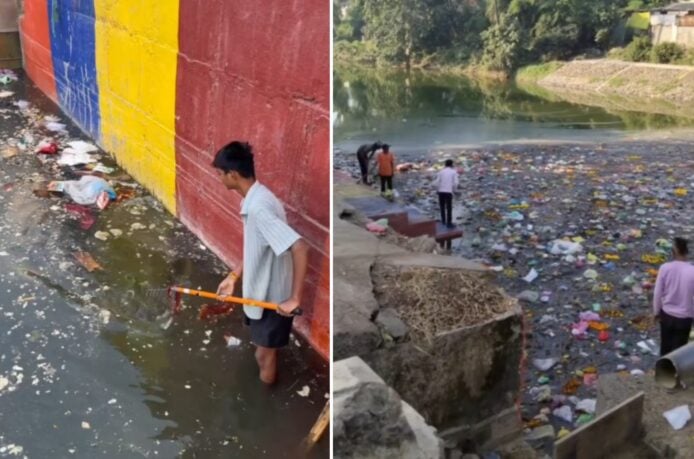 印度河道清理後變垃圾河 河道清理後仍有大量垃圾漂浮水面.