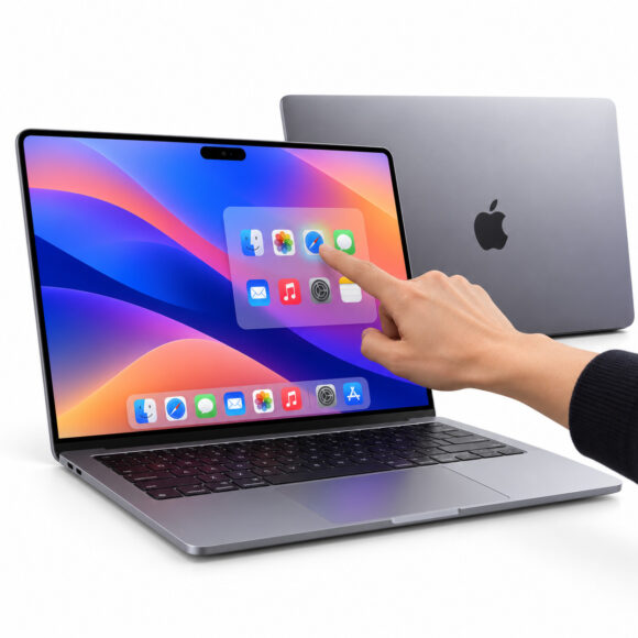 Apple 新品發佈會展示 手指點擊蘋果新款觸控OLED MacBook Pro.