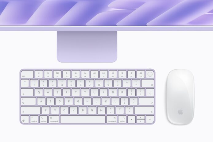 Apple M6 iMac 鋼琴白鍵盤與滑鼠全景.