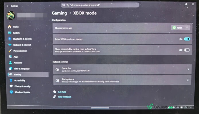 Xbox 模式設定界面 Xbox 模式設定界面顯示相關選項.