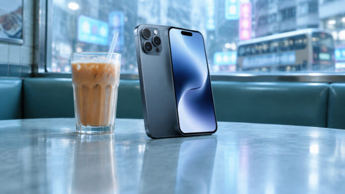 最新智慧手機展示於桌面，旁邊放著 iced coffee.