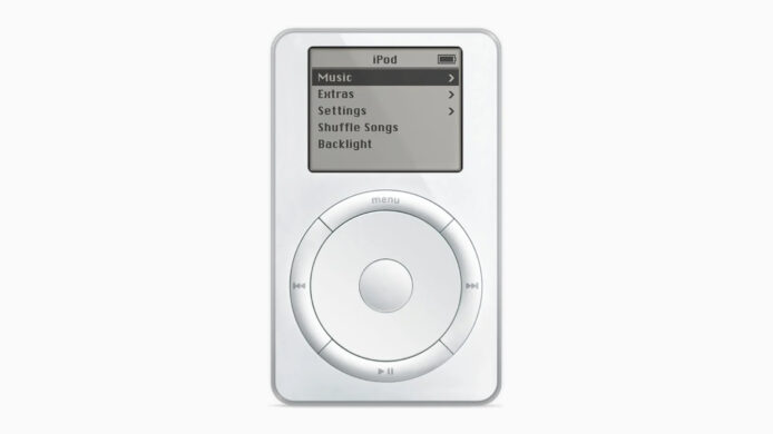 經典 iPod 圖像，黑白螢幕與圓形控制輪.