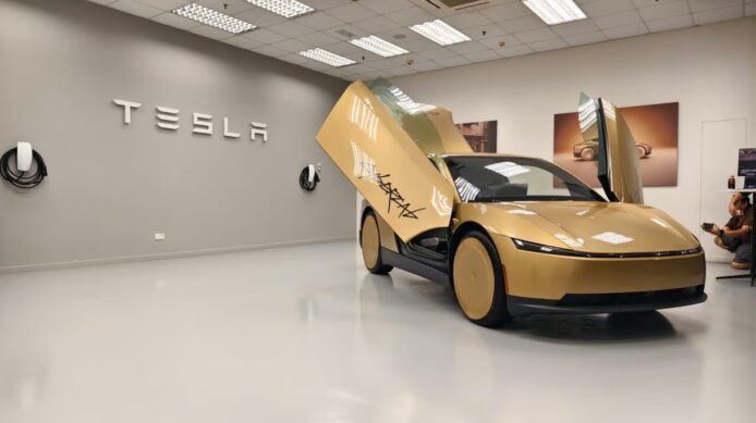 Tesla 電動車展示，車門開啟展示未來科技.